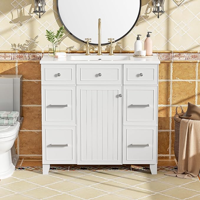 Favfurish 36" Bathroom Vanity with Ceramic Sink,Undermount Single Basin Bath Vanity Set w/Soft Closing Door and 3 Drawers,Modern Freestanding Storage Cabinet,Solid Wood Frame,White