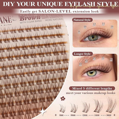 Brown Lash Clusters Natural Invisible Band Eyelash Clusters Wispy Brown Lashes Clusters 8-16mm Cluster Eyelash Extensions Natural Look DIY at Home for Everyday Wear by WTVANE