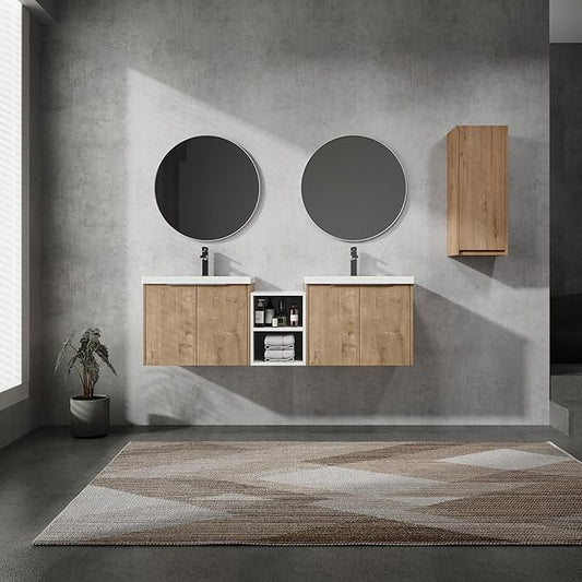 Henf 60" Floating Double Sink Bathroom Vanity Brown Wall Mount Bathroom Vanity Cabinet with Sink Combo, 60-Inch Bathroom Vanities Set with Open Storage Shelf & Side Cabinet & 2 24in Bathroom Vanities