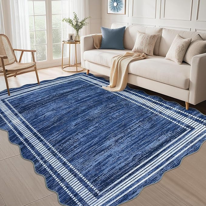 Garvee Scallop Area Rug 5x7 Washable Rugs for Bedroom Neutral Rug Navy Blue | Rugs for Living Room, Non-Slip Soft Carpet for Bedroom, Scalloped Low-Pile Solid Rug Accent Rug for Dining Room Home Office