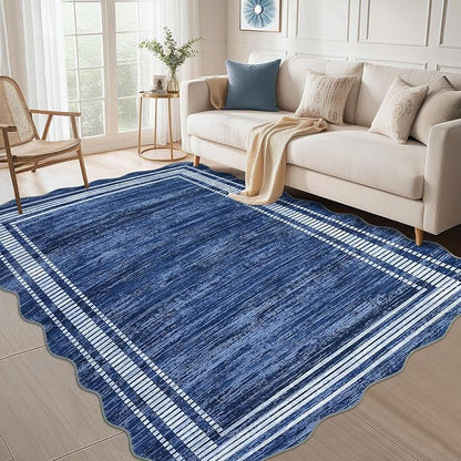 Garvee Scallop Area Rug 5x7 Washable Rugs for Bedroom Neutral Rug Navy Blue | Rugs for Living Room, Non-Slip Soft Carpet for Bedroom, Scalloped Low-Pile Solid Rug Accent Rug for Dining Room Home Office