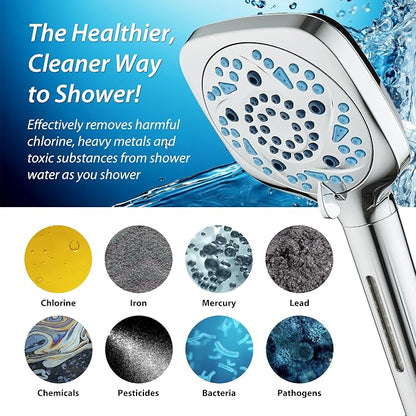 AquaCare High Pressure 10 Spray Mode Filtered Showerhead - Handheld Shower Head Filters Chlorine to Heal Dry Skin, Revive Hair - Dual Power Wash Cleans Tub, Tile, Pets - Hard Water Softener, Chrome