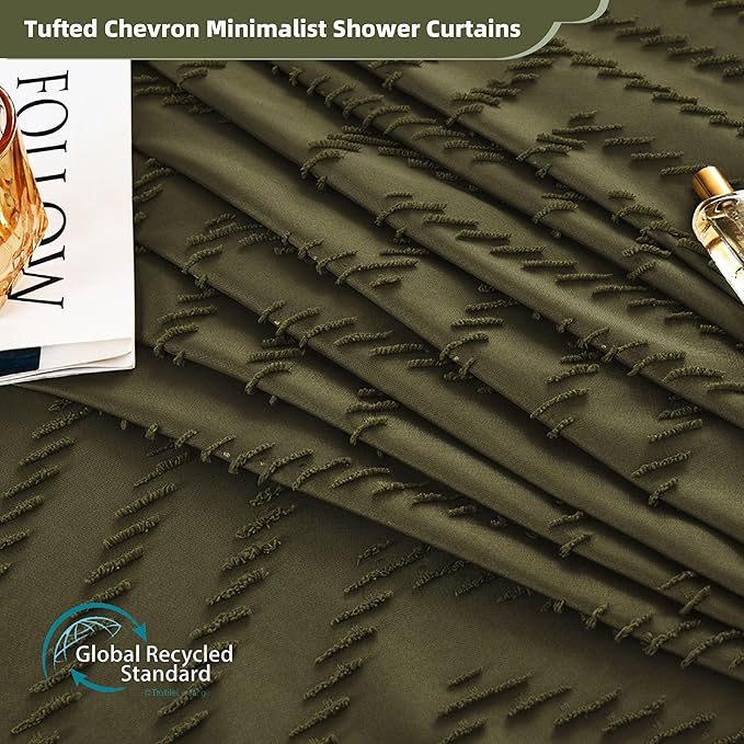 Boho Extra Long Olive Green Shower Curtain with Tassel, Woven Fabric, Tufted Chevron Striped, 72 x 78, Modern Chic Textured Minimalist