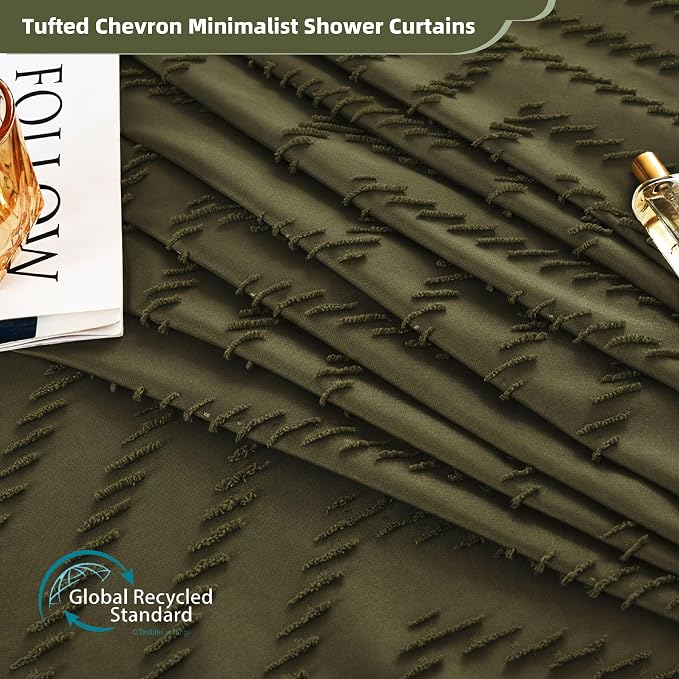 Siiluminisoy Extra Long Olive Green Boho Shower Curtain with Tassel, Woven Fabric 90 in Shower Curtain, Tufted Chevron Striped, 72 x 90, Modern Chic Textured Minimalist Bathroom Shower