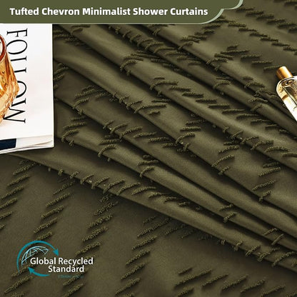 Siiluminisoy Extra Long Olive Green Boho Shower Curtain with Tassel, Woven Fabric 90 in Shower Curtain, Tufted Chevron Striped, 72 x 90, Modern Chic Textured Minimalist Bathroom Shower