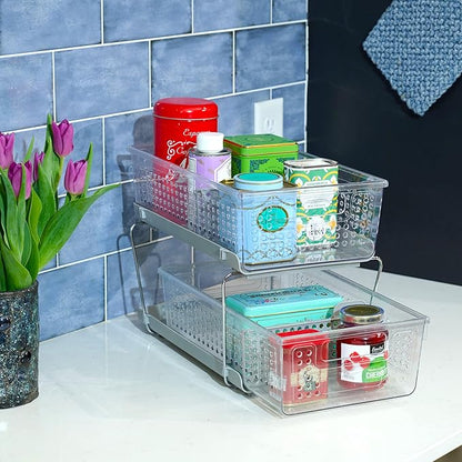 madesmart 2 Tier Organizer, Under Cabinet Storage with Pull Out Sliding Drawers, for Cleaning Supplies, Undersink, Sponges, Bottles & Bath, Adjustable Dividers & Pull Out Baskets, Grey