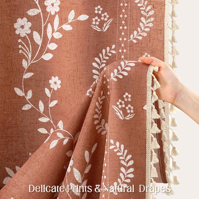 Boho Terracotta Vintage Shower Curtain with Tassels | 72 x 84 Inch,Bohemian Floral Linen Fabric Pattern Curtain Curtain For Bathroom