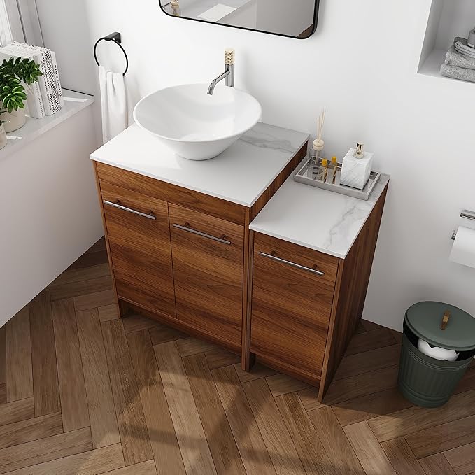 36" Bathroom Vanity, 36 Inch Freestanding Vanity with Vessel Sink, Modern Single Sink Bathroom Vanity Combo, Brown Floor Standing Large Storage Cabinet Set with Soft-Closing Design(BRE217, 36 * 18)