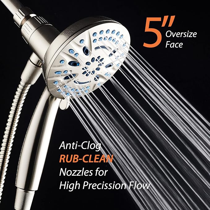 AquaCare Magneton 8-Mode High Pressure Handheld Shower Head with 2 Brackets | Space-age Magnetic Guidance Docking, Giant 5-inch Face with Hygienic Jets, Extra-long 6 ft. Stainless Steel Hose / Nickel