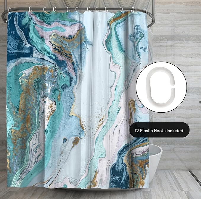 Americanflat 71x74 Marble Shower Curtain - Water-Resistant Long Shower Curtain with Durable Metal Grommets and 12 Hooks - 100% Polyester - Turquoise, Light Blue, Navy Blue, White and Gold