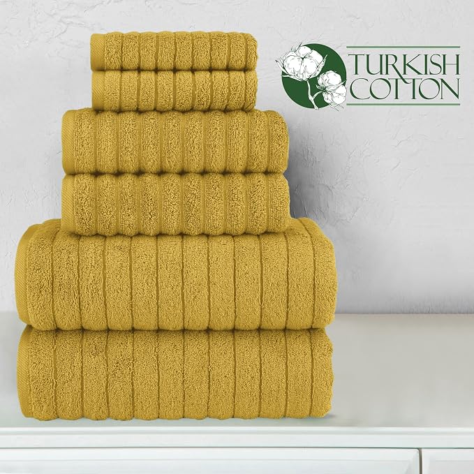 Elegant Comfort 100% Turkish Cotton Corduroy Ribbed Luxury Bath Towels 6-Piece Set, Premium Feel - Quick Dry, Highly Absorbent, Contains 2 Bath Towels, 2 Hand Towels, and 2 Washcloths, Gold