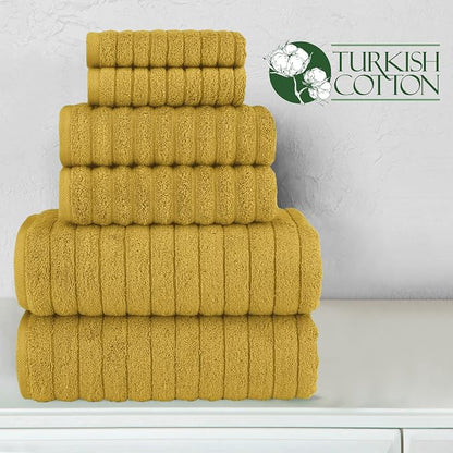 Elegant Comfort 100% Turkish Cotton Corduroy Ribbed Luxury Bath Towels 6-Piece Set, Premium Feel - Quick Dry, Highly Absorbent, Contains 2 Bath Towels, 2 Hand Towels, and 2 Washcloths, Gold