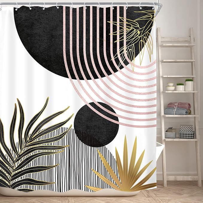 Mid Century Black Pink Boho Abstract Modern Bathroom Shower Curtain Set | 60Wx71L Sun Arch design, waterproof HD print with fast-drying fabric and 12 hooks.