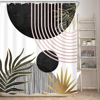 Mid Century Black Pink Boho Abstract Modern Bathroom Shower Curtain Set | 60Wx71L Sun Arch design, waterproof HD print with fast-drying fabric and 12 hooks.