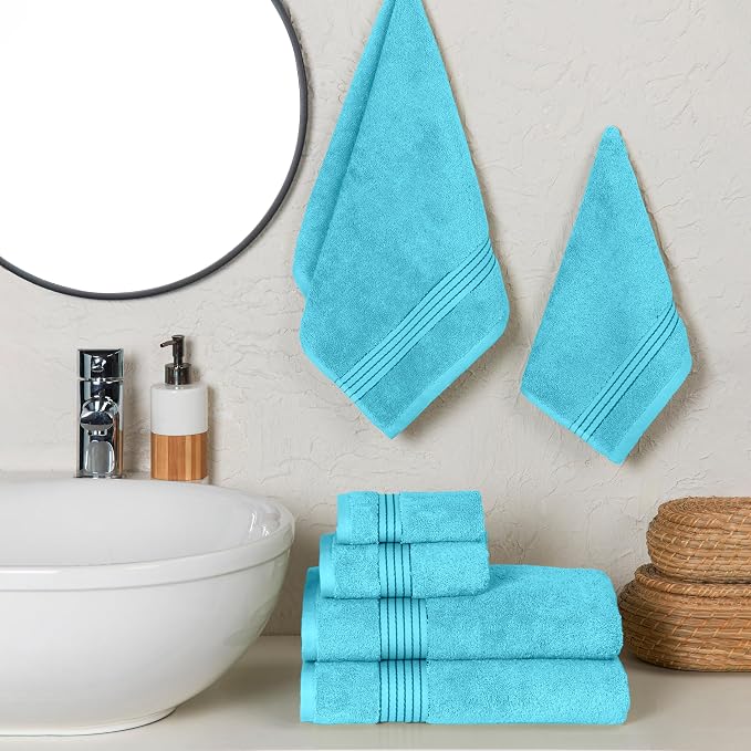 Elegant Comfort Premium Cotton 6-Piece Towel Set, Includes 2 Washcloths, 2 Hand Towels and 2 Bath Towels, 100% Turkish Cotton - Highly Absorbent and Super Soft Towels for Bathroom, Aqua