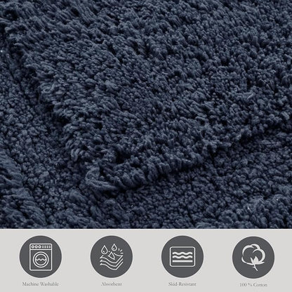 Jean Pierre New York Lydia Border 100% Cotton Bath Mat - Non-Slip Bath Rug - Midnight Navy - 20"x32"