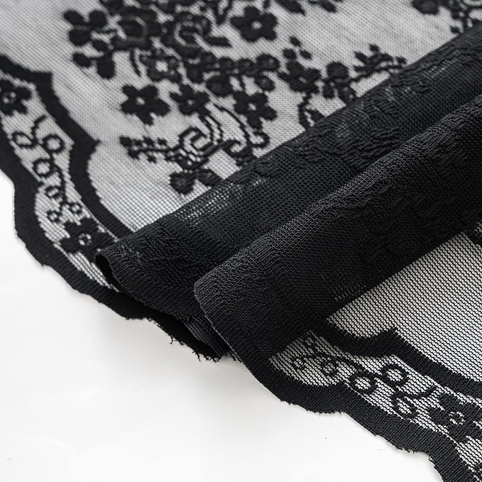 TUDECO Black Boho Lace Shower Curtain with Attached Valance, 72''W x 84''L | Whimsigoth, Extra Long, Dark Bathroom Curtain, Cool Victorian, Halloween Decor, Scalloped Edges, Reinforced Holes