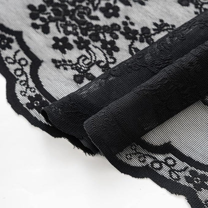 TUDECO Black Boho Lace Shower Curtain with Attached Valance, 72''W x 84''L | Whimsigoth, Extra Long, Dark Bathroom Curtain, Cool Victorian, Halloween Decor, Scalloped Edges, Reinforced Holes