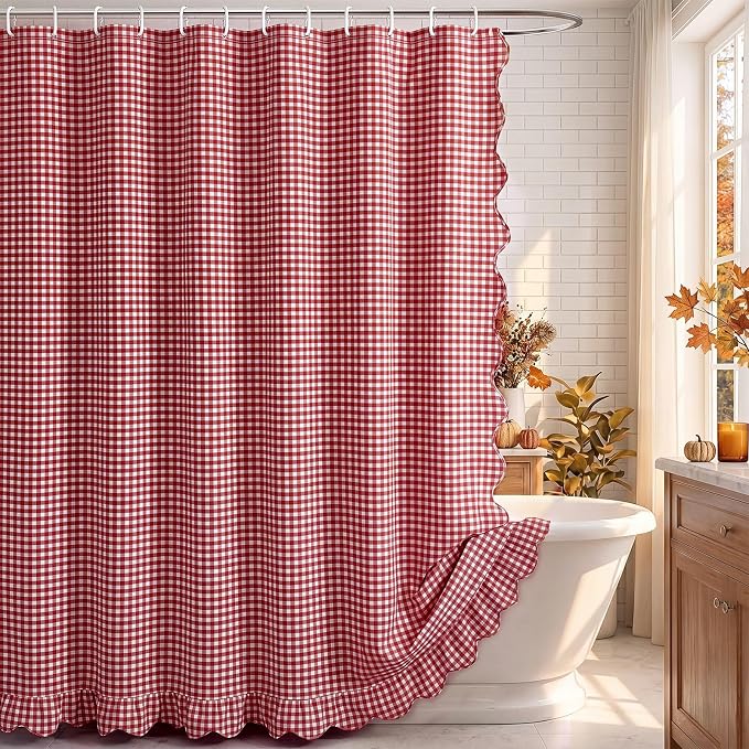 HunnmingRe Scalloped Gingham Shower Curtain Red | 72'' x 72'' Vintage Farmhouse Curtain, Cotton Cottage Core Rural Checkered Plaid Decor, Fall Shower Curtain for Bathroom