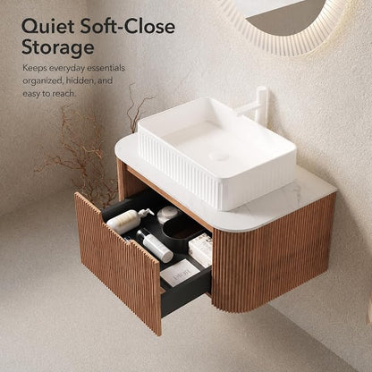 30 Inch Bathroom Vanity with Sink, Floating Wall Mounted Single Sink Vanity, Natural Woodgrain Curved Fluted Front, Stone Top, White Textured Rectangular Vessel Basin, Pre-Assembled