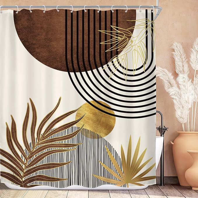 Mid Century Brown Boho Abstract Modern Beige Bathroom Shower Curtain Set | 72Wx84H Gold Geometric design, waterproof HD print with fast-drying fabric and 12 hooks.