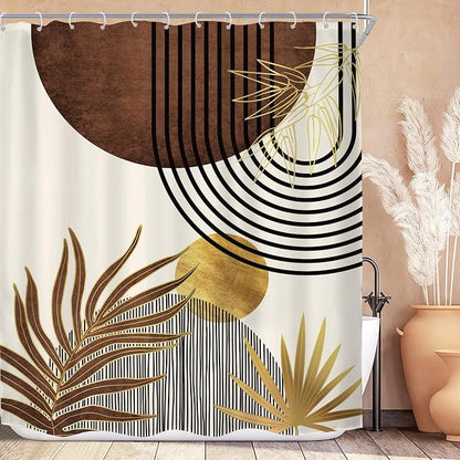 Mid Century Brown Boho Abstract Modern Beige Bathroom Shower Curtain Set | 72Wx84H Gold Geometric design, waterproof HD print with fast-drying fabric and 12 hooks.