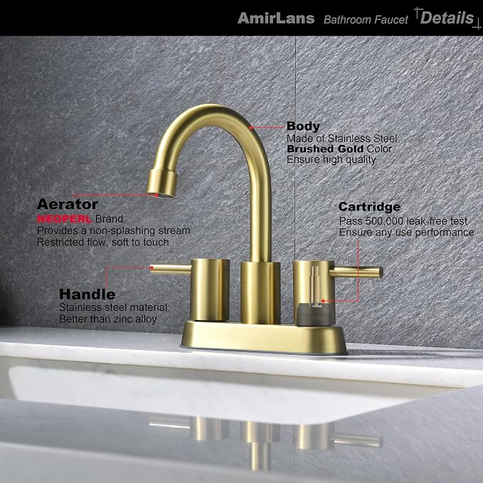 4 Inch Centerset Brushed Gold Bathroom Sink Faucet 2 or 3 Hole | Stainless Steel 2 Handle Gold Bathroom Faucet, Sink Faucet for Vanity, Rv, Restroom