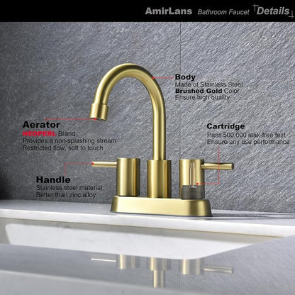 4 Inch Centerset Brushed Gold Bathroom Sink Faucet 2 or 3 Hole | Stainless Steel 2 Handle Gold Bathroom Faucet, Sink Faucet for Vanity, Rv, Restroom