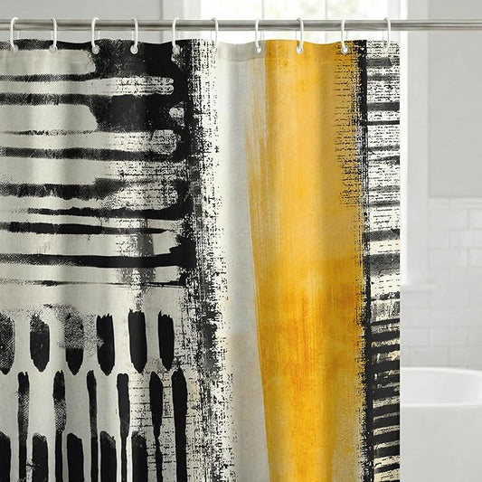 Americanflat 71x74 Abstract Shower Curtain - Water-Resistant Long Shower Curtain with Durable Metal Grommets and 12 Hooks - 100% Polyester - Black, Ivory, and Ochre Yellow