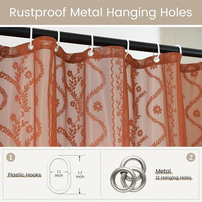 WAZZIO Bunrt Orange Lace Shower Curtain for Bathroom 72" W x 84" L, Victorian Farmhouse Floral Pattern Tassel Fancy Shower Curtain Boho Washable Cloth Decorative Bath Curtains,1 Panel