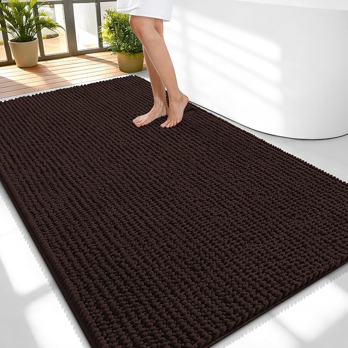 OLANLY Thick Chenille Large Bathroom Rugs 59x35, Absorbent Bath Mat, Brown | Soft Bath Rugs, Rubber Backing, Machine Wash Dry, Bath Mats for Bathroom, Tub and Shower, Home Decor Accessories