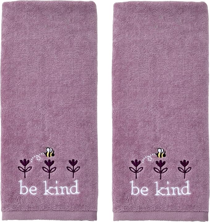 SKL Home Bee Kind Hand Towel Set-2pc, 100% Cotton, Embroidered, Lavender | Soft, decorative velour. For use in the bathroom, kitchen or bar & makes a great gift.
