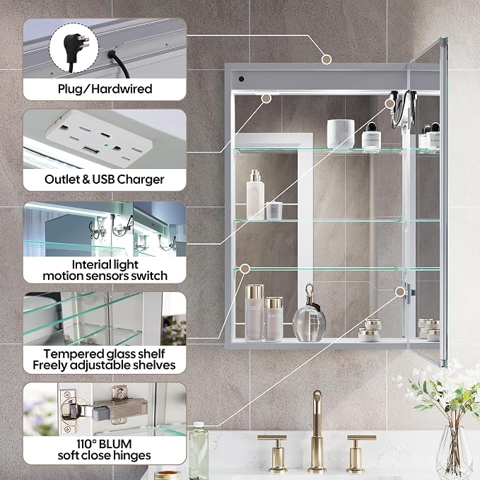 WELLFOR 20 x 30-in LED Medicine Cabinet, Surface or Recessed Mounted, Single Right Opening Doors, Anti-Fog, Mirror with Outlets & USB Ports
