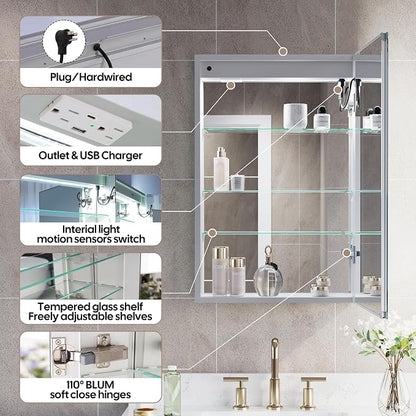WELLFOR 20 x 30-in LED Medicine Cabinet, Surface or Recessed Mounted, Single Right Opening Doors, Anti-Fog, Mirror with Outlets & USB Ports