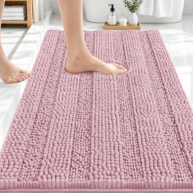 OLANLY Thick Bathroom Rugs 30x20, Chenille Striped Bath Rugs, Dusty Rose | Rubber Backing, Machine Wash, Extra Soft Absorbent Bath Mats for Bathroom Floor, Tub and Shower, Home Decor Accessories