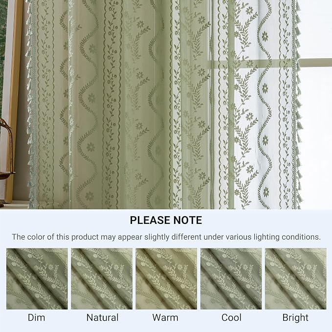 WAZZIO Sage Green Lace Shower Curtain - Vintage Pretty Floral Sheer Shower Curtains, Elegant Decorative Tassel Bath Curtains for Bathroom, 72 x 96 Inch, 1 Piece