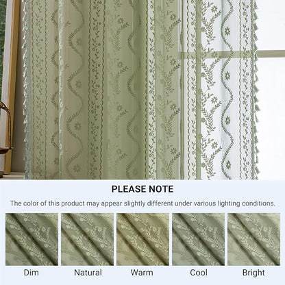 WAZZIO Sage Green Lace Shower Curtain - Vintage Pretty Floral Sheer Shower Curtains, Elegant Decorative Tassel Bath Curtains for Bathroom, 72 x 84 Inch, 1 Piece