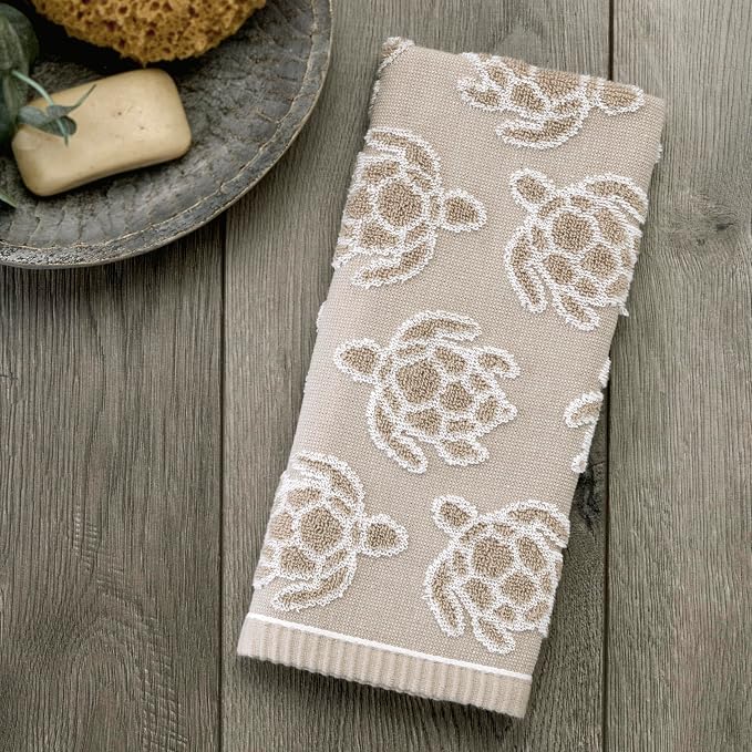 SKL Home Turtle Sculpted Hand Towel Set-2pc, 100% Cotton Jacquard, Taupe | Plush, absorbent & textured. For use in the bathroom, kitchen, or bar. Great for Airbnb, beach homes & coastal décor.