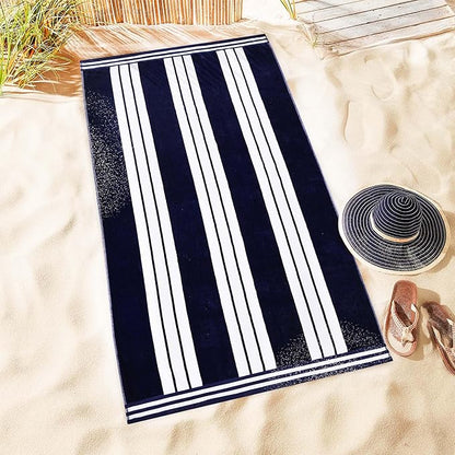 Superior Oversized Cotton Beach Towel Set of 4, Absorbent Towels for Bathroom, Beach, Pool, Swim, Adults, Kids, Vacation, Travel, Bath Sheet, Quick Dry Basics, Trip Essentials, Striped Decor, Blue