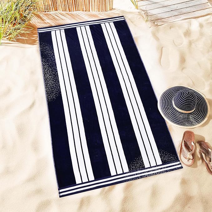 Superior Oversized Cotton Beach Towel Set of 2, Absorbent Towels for Bathroom, Beach, Pool, Swim, Adults, Kids, Vacation, Travel, Bath Sheet, Quick Dry Basics, Trip Essentials, Striped Decor, Blue