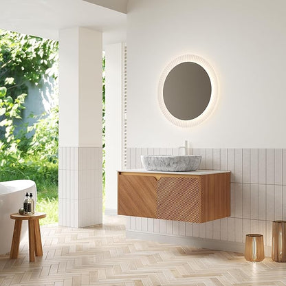 Floating Bathroom Vanity with Sink, 36 Inch Fluted Vanity with Vessel Sink, Modern Bathroom Vanity Cabinet with 2 Doors, Oval Marble Vessel Ceramic Sink & Sintered Stone Top, Oak