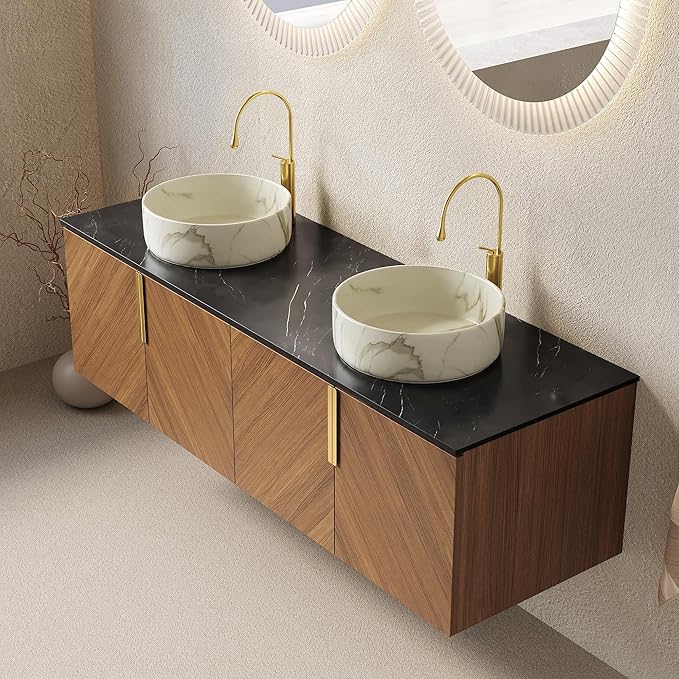 Bathroom Vanity with Double Sink, 60 Inch Floating Vanity with Vessel Sink, Wall-Mounted Plywood Bathroom Sink Cabinet with 4 Doors, Black Sintered Stone Countertop, Brown Oak