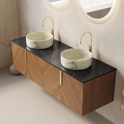 Bathroom Vanity with Double Sink, 60 Inch Floating Vanity with Vessel Sink, Wall-Mounted Plywood Bathroom Sink Cabinet with 4 Doors, Black Sintered Stone Countertop, Brown Oak