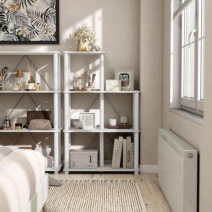 Homes: Inside + Out Apexa Modern 5-Cube Ladder Shelving Units, Collectibles Display Shelves, Easy Assembly Standing Shelf, Home Storage Organizer for Living Room, Bedroom, Office, White