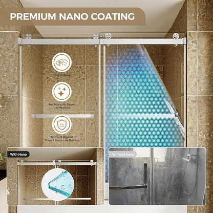 Frameless Stainless Steel Sliding Shower Door, 56-60" W x 60" H - 5/16" (8mm) Thick Tempered Glass Rust-Proof Glass Shower Door with Dual Tracks in Brushed Nickel