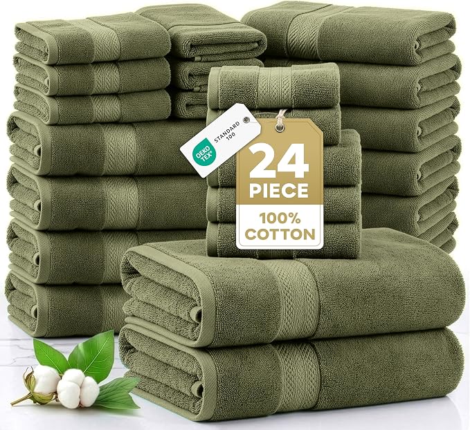 LANE LINEN Large Bath Towel Set Absorbent Quick Dry 100% Cotton - Oil Green | Soft Cotton Towels - Fade-Resistant Color, Classic Terry Weave, Densely Woven & Durable, Easy-Care, Coordinated Colors