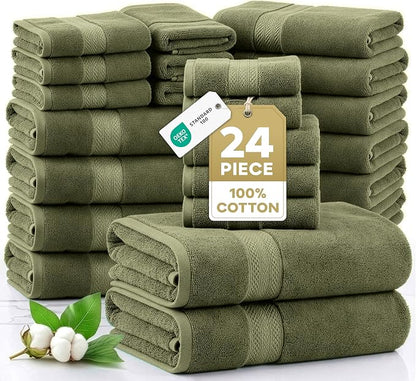 LANE LINEN Large Bath Towel Set Absorbent Quick Dry 100% Cotton - Oil Green | Soft Cotton Towels - Fade-Resistant Color, Classic Terry Weave, Densely Woven & Durable, Easy-Care, Coordinated Colors