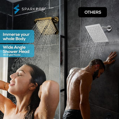 SparkPod Rain Shower Head, 6 Inch Square, Egyptian Gold Finish | High Pressure Shower Heads, 90 Nozzles, Adjustable Showerhead, No Tools Needed, Universal Connection