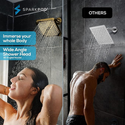 SparkPod Rain Shower Head, 6 Inch Square, Egyptian Gold Finish | High Pressure Shower Heads, 90 Nozzles, Adjustable Showerhead, No Tools Needed, Universal Connection