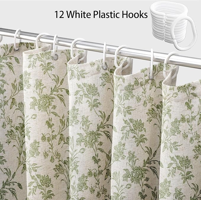 WOUVMA Extra Long Sage Green Shower Curtain Floral Cotton Linen Cottagecore Shower Curtain for Bathroom 72" W x 84" L
